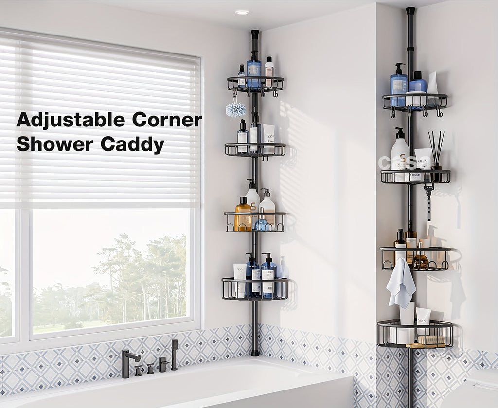 Black 4-Tier Corner Shower Caddy – Rust-Resistant Tension Organizer