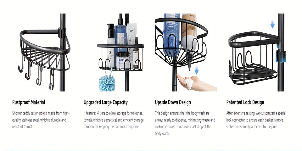 Black 4-Tier Corner Shower Caddy – Rust-Resistant Tension Organizer