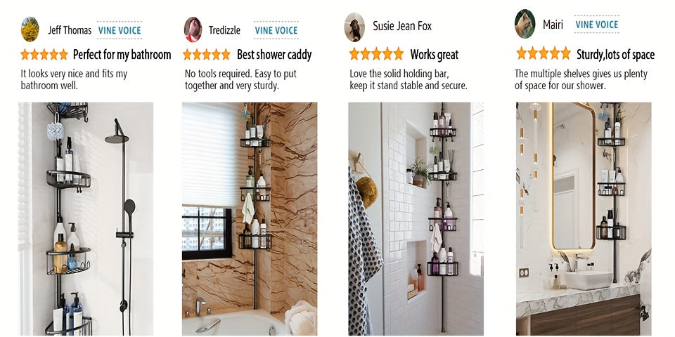 Black 4-Tier Corner Shower Caddy – Rust-Resistant Tension Organizer