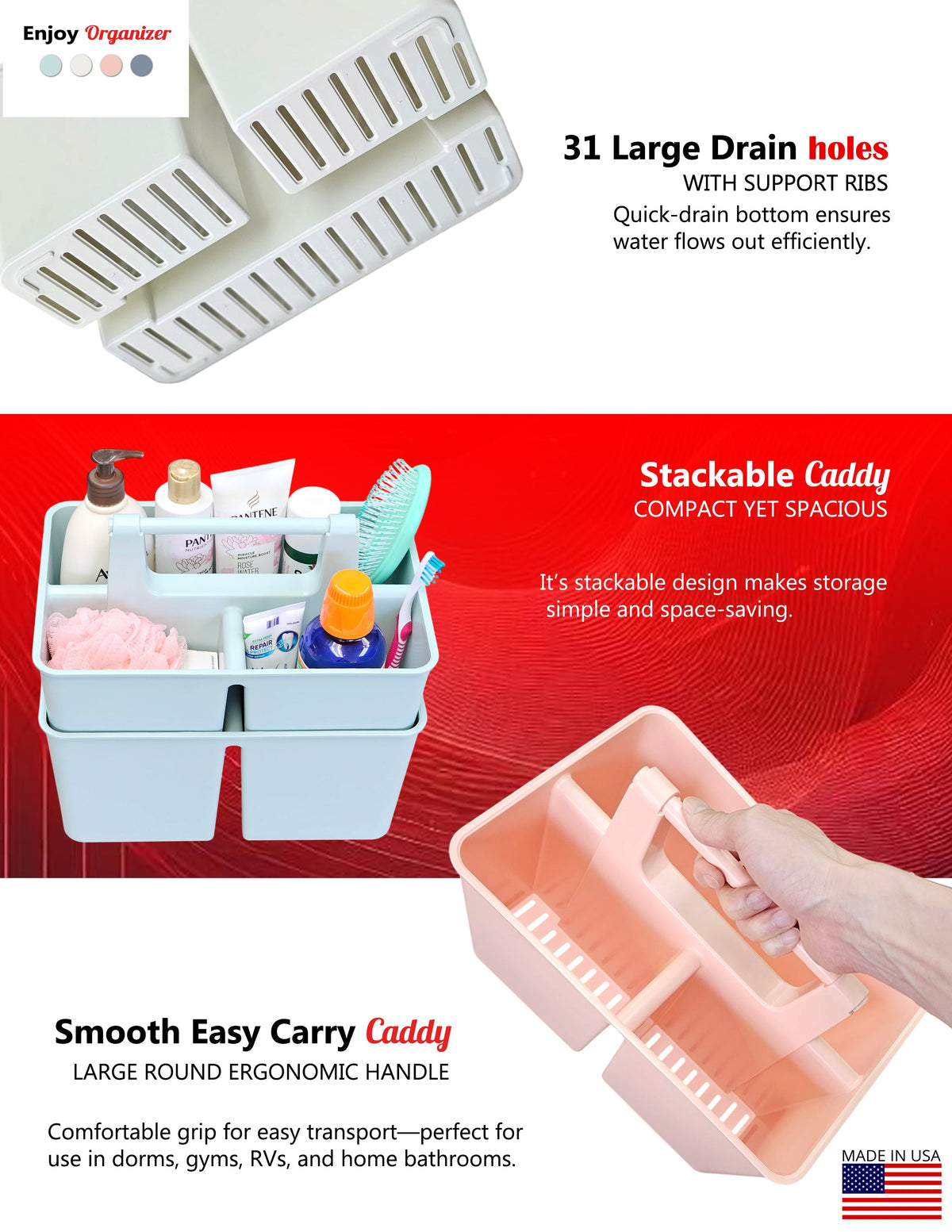 3-Compartment Portable Shower Caddy – Quick-Drain Organizer