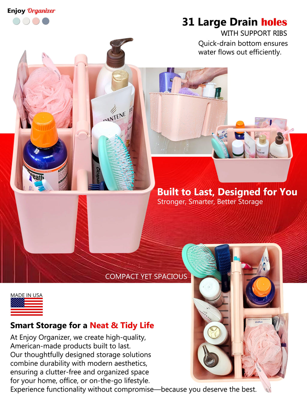 3-Compartment Portable Shower Caddy – Quick-Drain Organizer