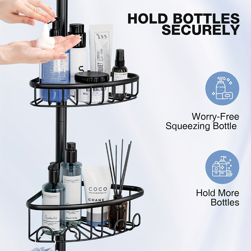 Black 4-Tier Corner Shower Caddy – Rust-Resistant Tension Organizer
