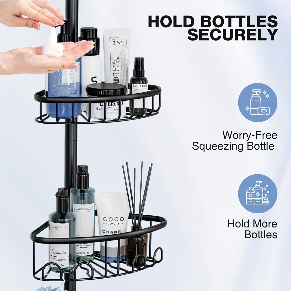 Black 4-Tier Corner Shower Caddy – Rust-Resistant Tension Organizer