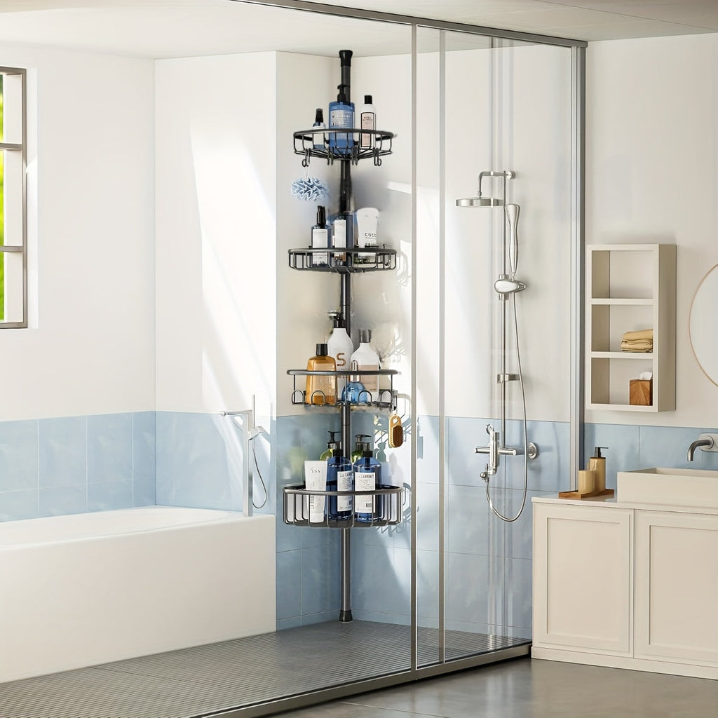 Black 4-Tier Corner Shower Caddy – Rust-Resistant Tension Organizer