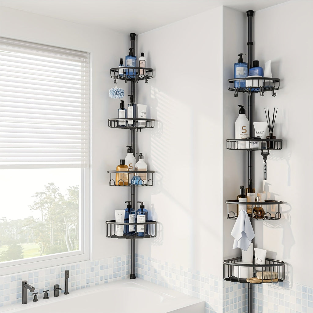 Black 4-Tier Corner Shower Caddy – Rust-Resistant Tension Organizer