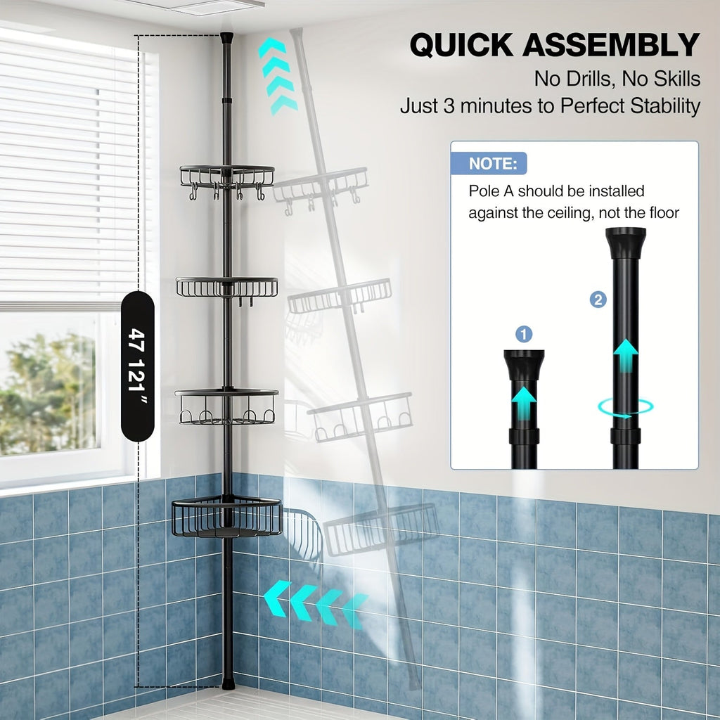 Black 4-Tier Corner Shower Caddy – Rust-Resistant Tension Organizer