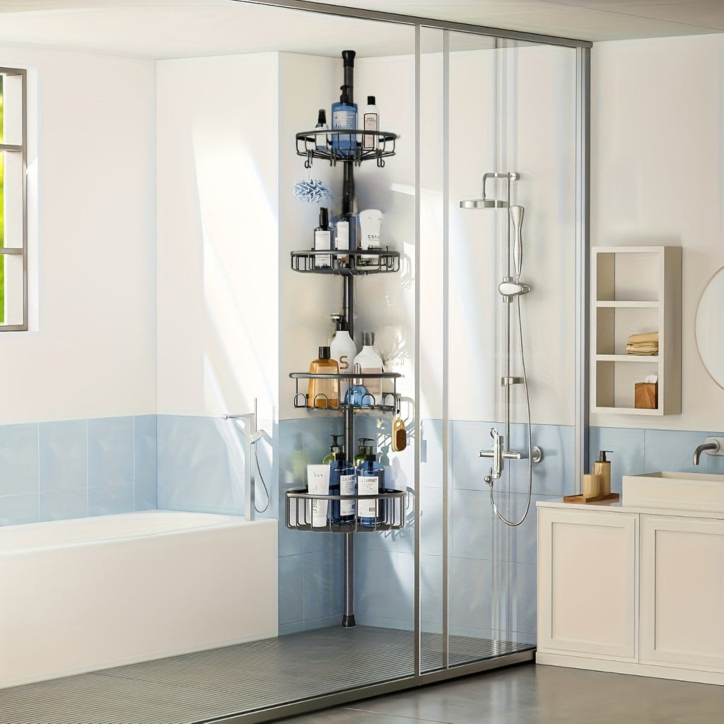 Black 4-Tier Corner Shower Caddy – Rust-Resistant Tension Organizer