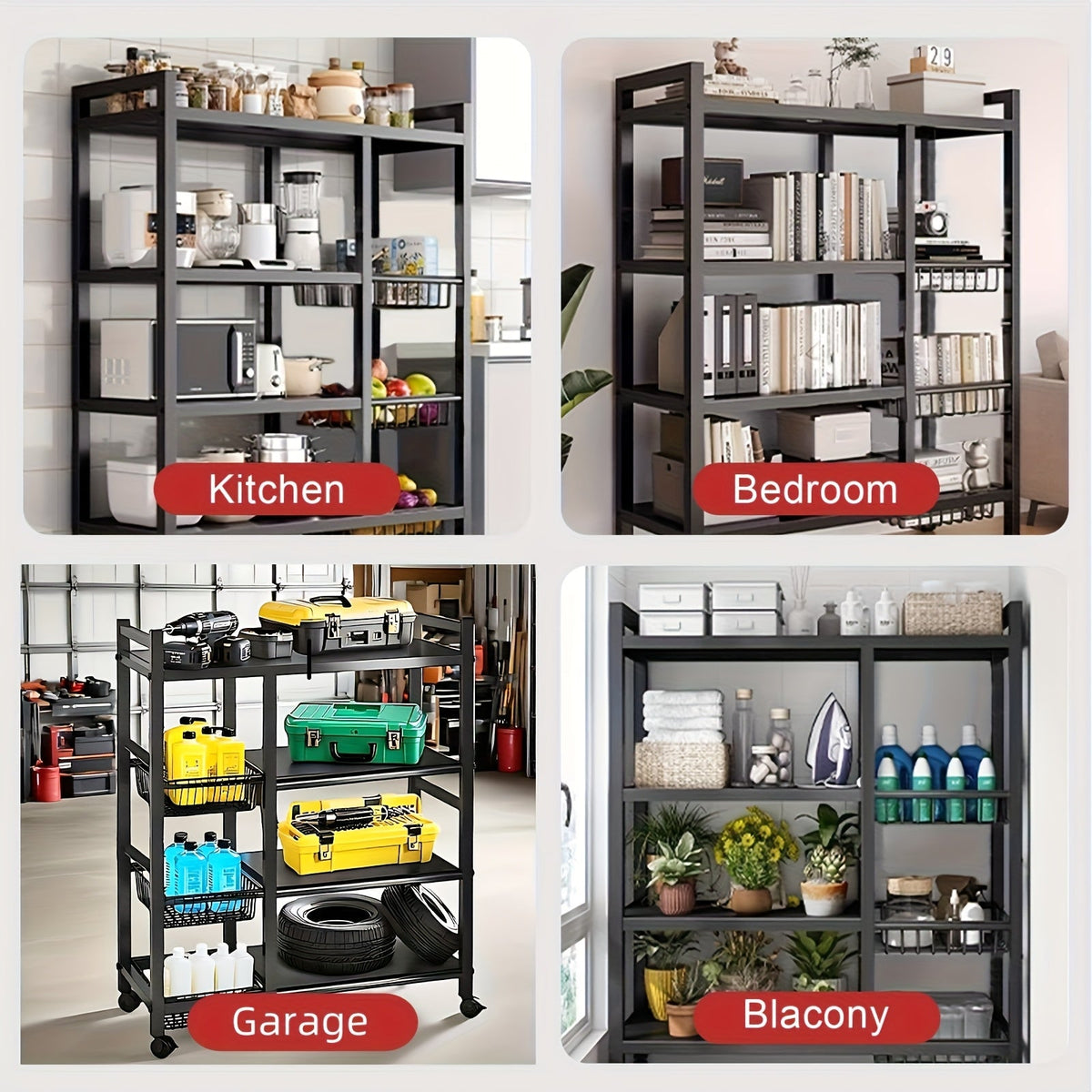 4-Tier Rolling Metal Utility Rack with Baskets