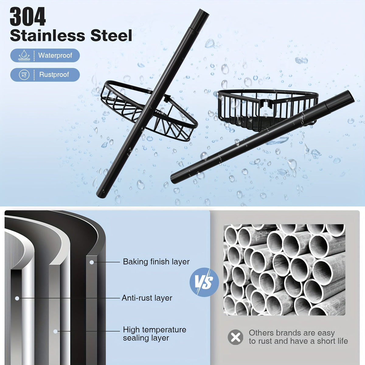 Black 4-Tier Corner Shower Caddy – Rust-Resistant Tension Organizer