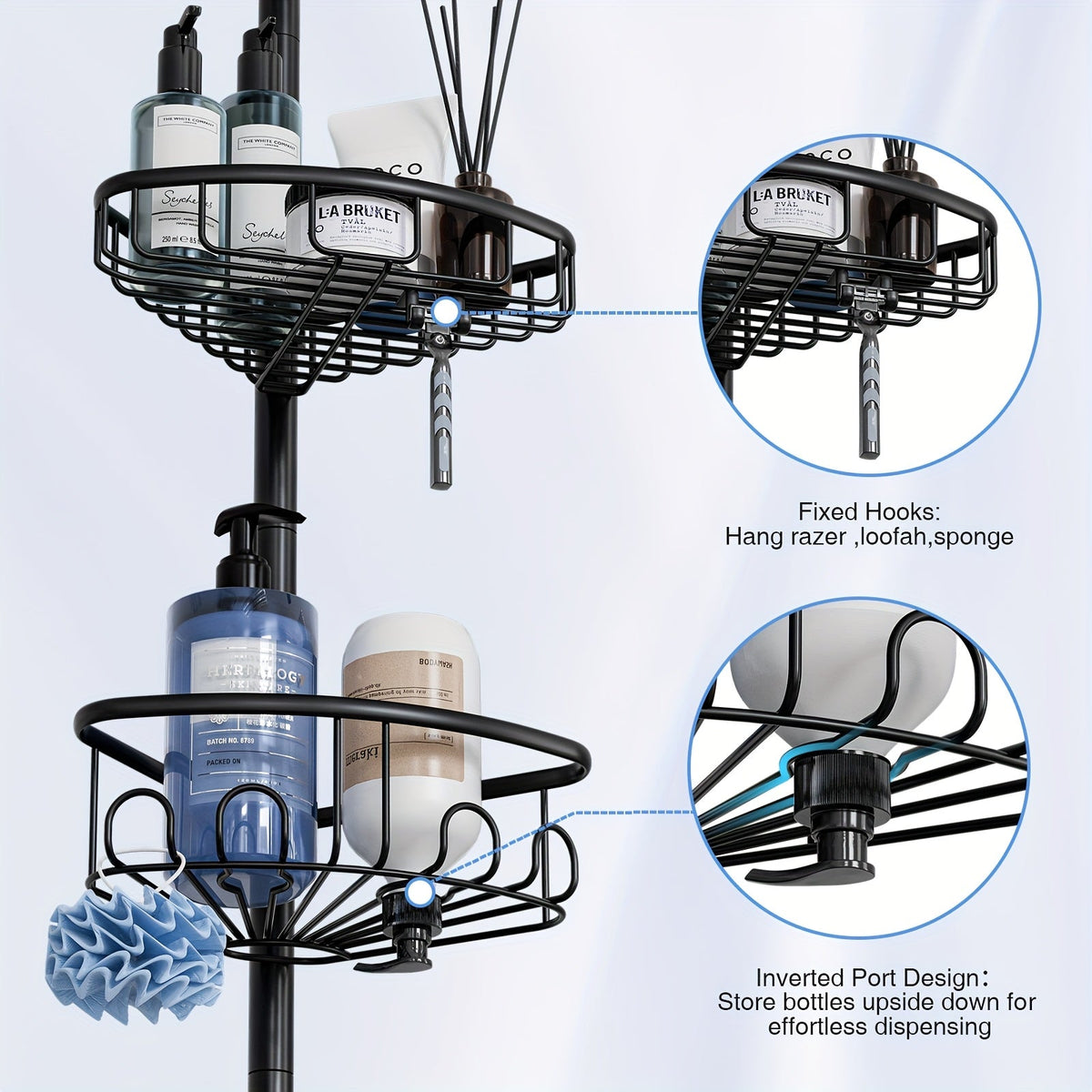 Black 4-Tier Corner Shower Caddy – Rust-Resistant Tension Organizer