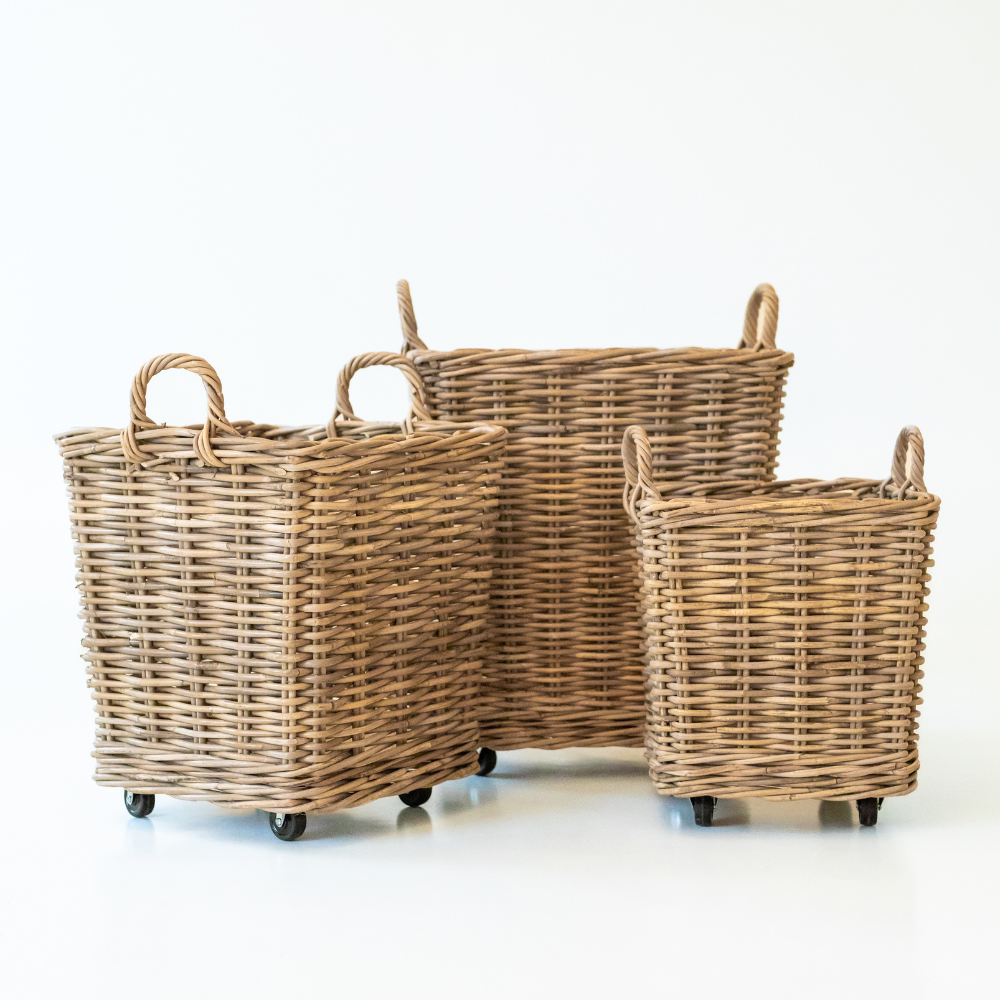 Rolling Rattan Storage Basket – Handwoven Kubu Grey